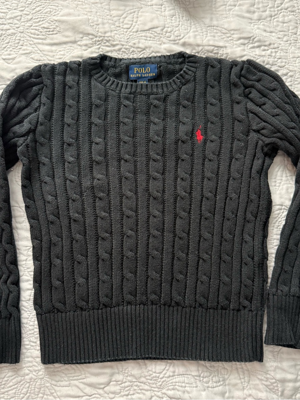 Polo by Ralph Lauren Black Cable-Knit Crewneck Sweater with Red Logo size M8-10